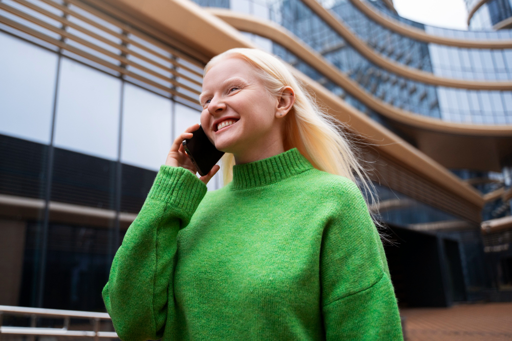 Femme souriante au téléphone devant un immeuble de bureaux, illustrant la conversation humaine dans la relation client
